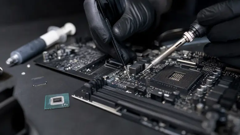 Laptop ekran kartı çip tamiri, mikroskop altında inceleme